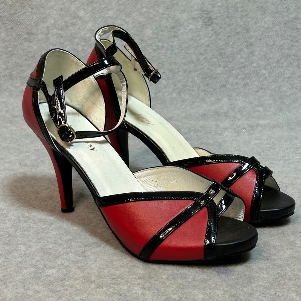 Womens Red Black Patent Leather Stiletto Heels Ankle Strap‎ Peep Toe Shoes 42M - Picture 2 of 10
